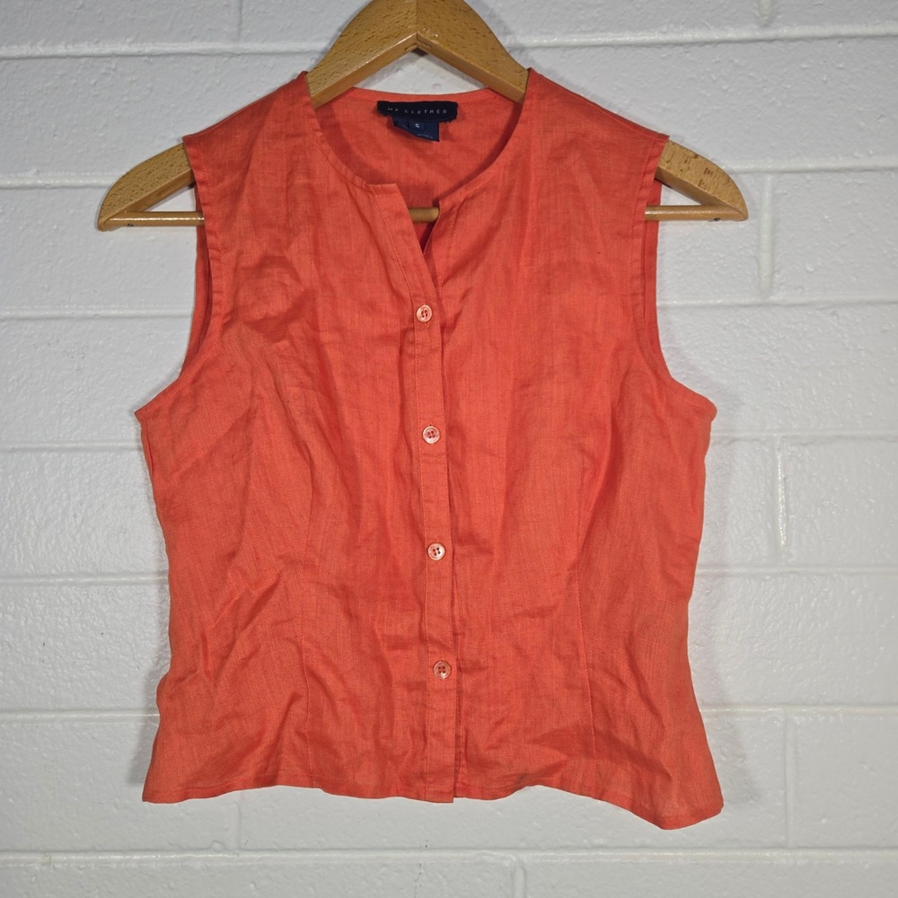 My Clothes Linen Top Small‎ Orange Sleeveless Button Tank Lightweight Beachy